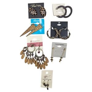 7 Pair Earring Lot Charming Charlie Bird Hill Leopard Print Boho Wood Hoop Studs